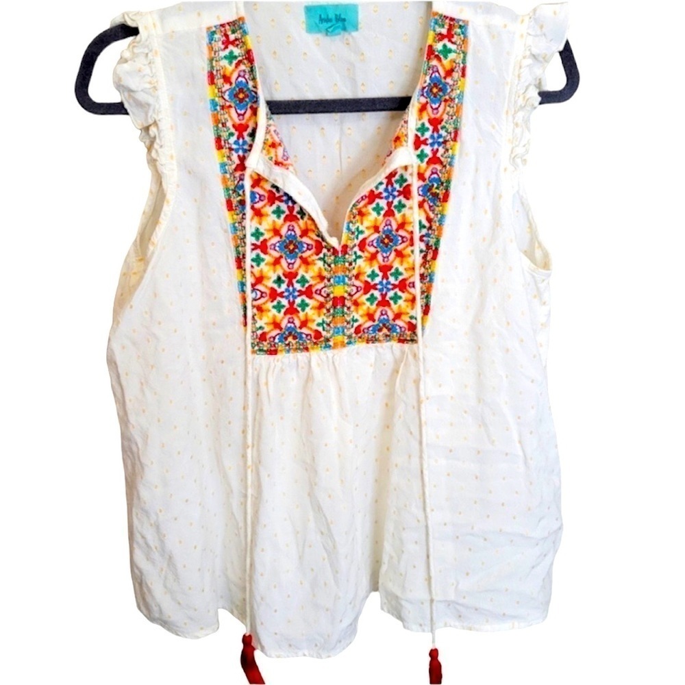 Aruba‎ Blue colorful embroidered boho red tassels sleeveless white top